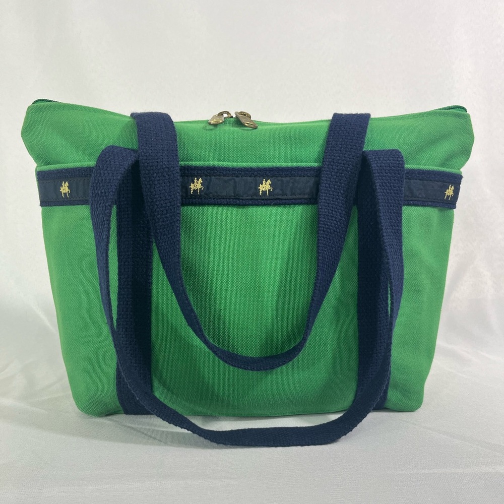 Vintage 80s Equestrian Canvas Tote Purse Shoulder Bag Green/Blue
